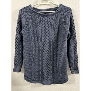 Vintage LL Bean Sweater Medium Blue Fisherman Cable Knit Side Zip Heavyweight